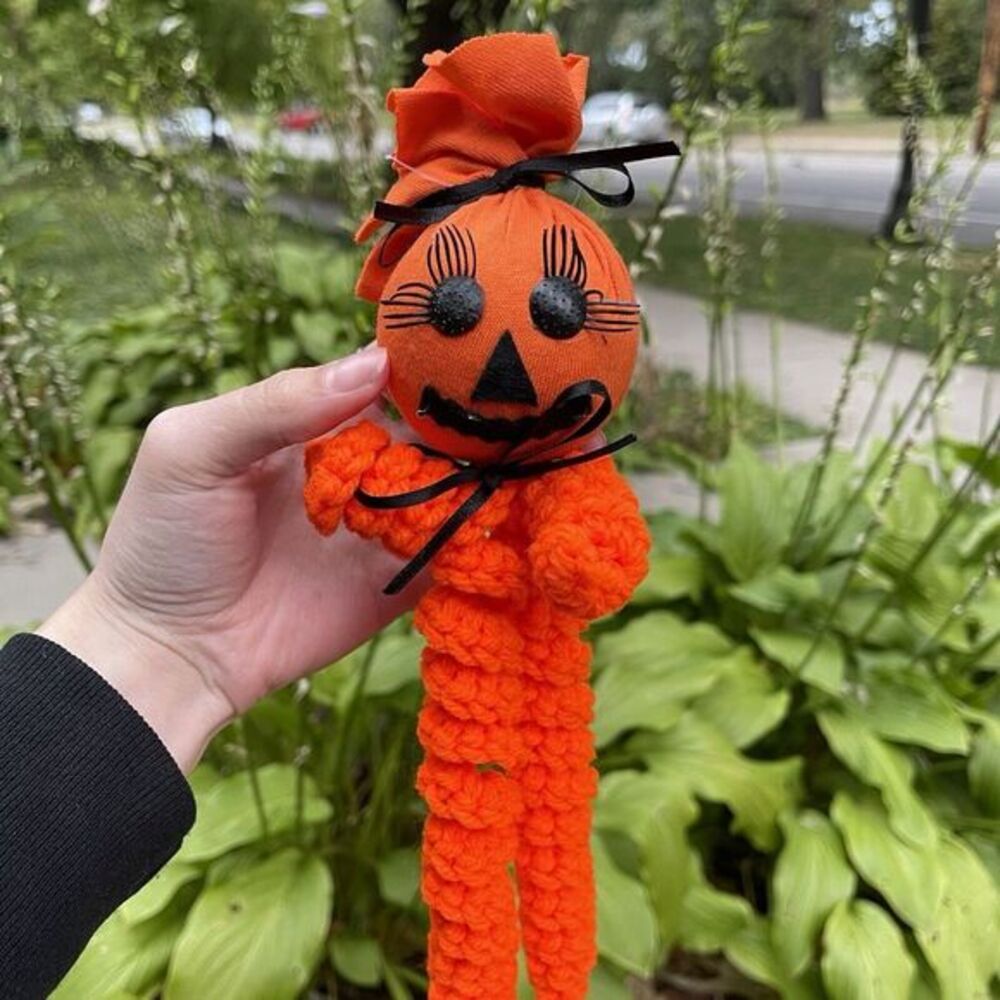 Vintage Halloween Pumpkin JackOLantern Doll Crochet Black & Orange‎